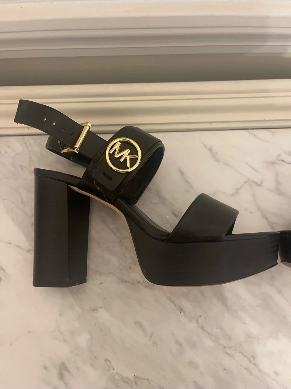 Michael Kors Black Platform Block Heel Sandals with Gold MK Accent